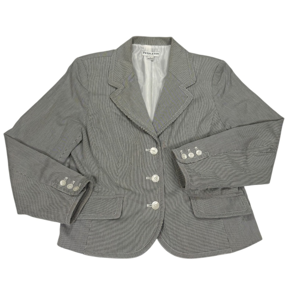 Vtg Pendleton Petite Blazer Jacket Womens Large Black White Striped Sholder Pads